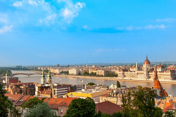 View of the river Danube and Hungarian Parliament Building, Budapest, Hungary