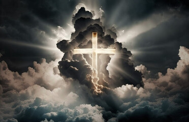 Glowing Christian cross appears bright in the cloudy sky, generative ai - obrazy, fototapety, plakaty