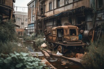 Plakat House Water Car Wood Building Industry Steel Metal Industrial Old Abandoned Factory Construction Rusty Trash Environment Machine Waste. Generative AI