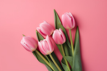 Pink tulips on a pink background, flat lay. Generative AI