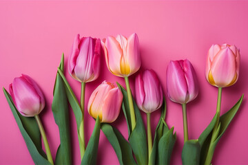 Obraz na płótnie Canvas Pink tulips on a pink background, flat lay. Generative AI