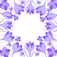 Pattern with purple crocuses. Hand-drawn vector illustration for wedding, invitation or greeting card. 