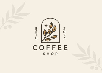 coffee bean plant branch hipster minimal logo vector with leaf simple line outline icon for natural cafe concept.