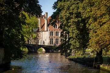 Fototapeta na wymiar View of a canal with trees, a bridge and old Flemish houses in the background in Bruges, Belgium