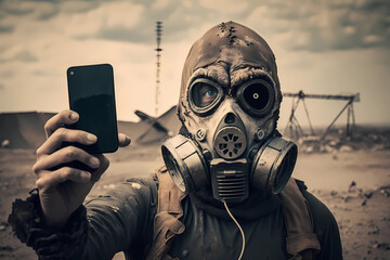 Scary mutant in gas mask for chemical protection takes a selfie, apocalyptic smoke in desert background. Nuclear pollution, environmental disaster and doomsday concept. Futuristic post apocalypse