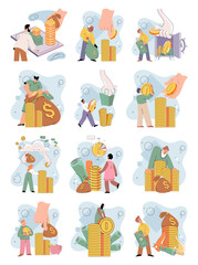 Financial plan or budget planning. Yearly expense management, deposits, tax payments. Person analyzes profit weighing earnings on scales, income and expenses money. Banking safety, profit increase