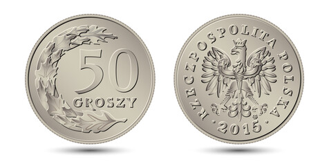 Fifty Poland Groschen coin isolated on white background.  Reverse and obverse of fifty Poland Groschen coin. Vector illustration.