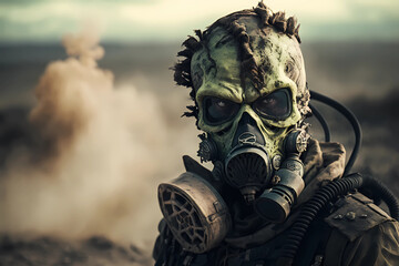 Scary mutant in gas mask for chemical protection, apocalyptic smoke in desert background. Futuristic post apocalypse monster soldier, alien face portrait. Nuclear pollution, environmental disaster