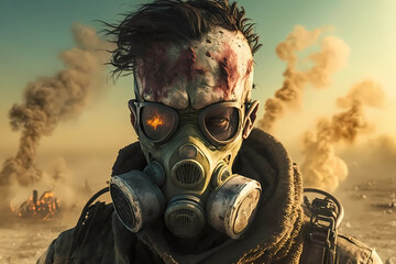 Scary mutant in gas mask for chemical protection, apocalyptic smoke in desert background. Nuclear pollution, environmental disaster and doomsday concept. Futuristic post apocalypse monster soldier