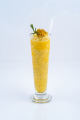 Passion fruit juice. Beverage for summer on the white background.