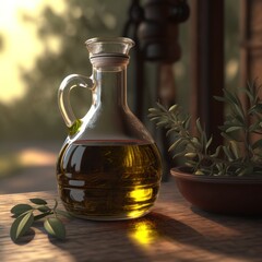 Bottle of olive oil sits on a table next to a potted plant. The bottle is clear and has a green leaf on top. Concept of relaxation and comfort