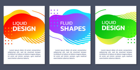 Abstract shape background set. Liquid design banner, poster or cover. Modern geometric layout with fluid shapes. Business presentation brochure, flyer template. Vector illustration.