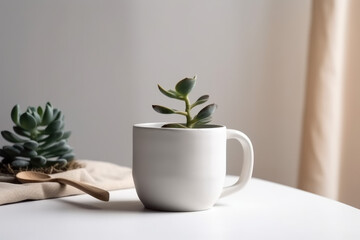 Fototapeta premium White mug mockup on wooden table with cute plant. AI Generated.