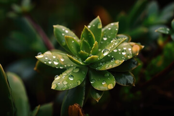 Background with close-up plants with macro water drops. AI Generated.