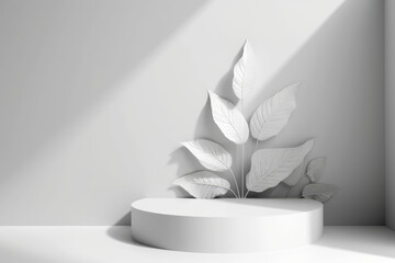 3d background for products with podium, leaf, and shadow. AI Generated.