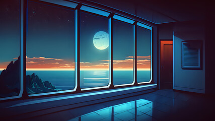 mysterious business room, big window, beautiful view moon, ocean and clouds, Background / Wallpaper, Home Screen / Lock Screen, Desktop Background, generative ai