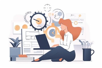 Woman works behind laptop, freelance, manager or businesswoman. Time management and planning concept. Generative AI