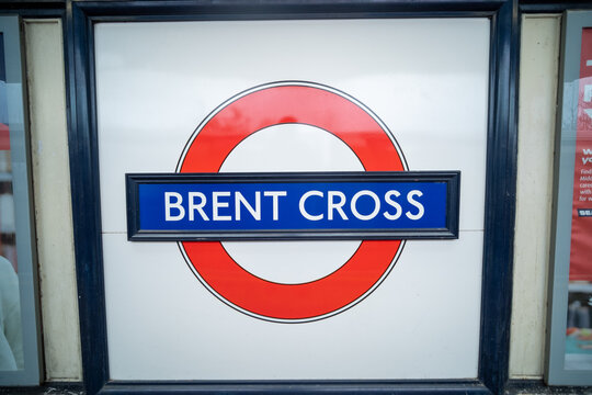 London- Brent Cross Underground logo on platform, Northern Line tube station