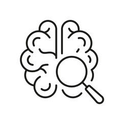 Brain with Magnifier Black Line Icon. Human Mind Research Linear Pictogram. Neurology Science Exploration Symbol on White Background. Editable Stroke. Isolated Vector Illustration