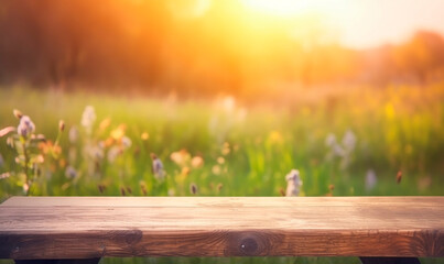 generative ai illustration of Empty wooden table in front of wild spring meadow at sunset