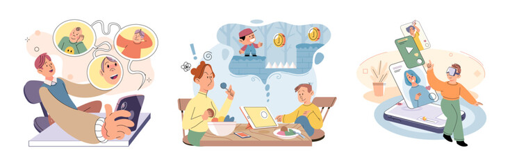 Happy little kid using tablet, child watching smartphone while eating at kitchen at home. Irritated mom is nervous that kid is distracted during feeding and spends too much time with gadgets