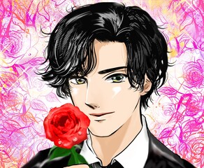 黒髪パーマのイケメン男性が薔薇で悩殺プロポーズする少女漫画イラストと薔薇の花園背景