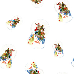 Seamless pattern snow globe with Santa Claus, deer, pingwan, Christmas tree spruce. Watercolor hand drawing illustration