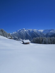 refuge cabane en bois de montagne en hiver dans la neige, abri cocon en Savoie dans les Alpes