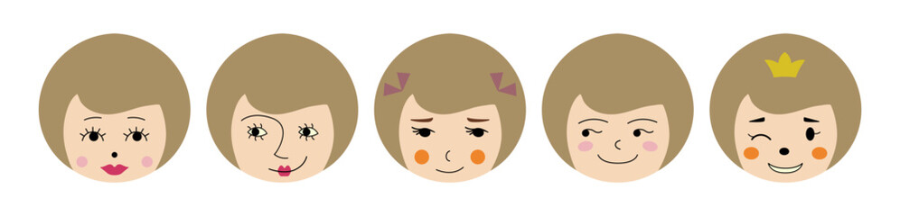 Feminine look, abstract personage, mascot design, funny face, cute icon.