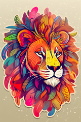 Fototapeta na wymiar Lion sticker design, colorful big cat t shirt design. Generative ai