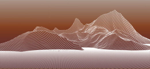 Abstract digital landscape. Wireframe landscape background. Big Data. 3d futuristic vector illustration. 80s Retro Sci-Fi Background