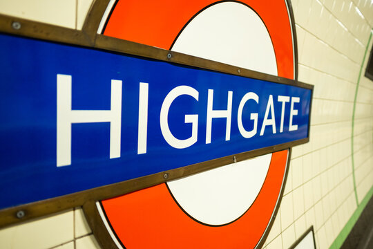 London- Highgate Underground logo on platform, Northern Line tube station