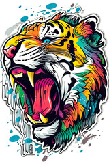 Sticker tiger illustration, beutiful colorful feline design. Generative ai