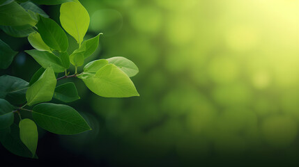 Fototapeta na wymiar Eco friendly green leaves in sunlight bokeh background for website header with copy space.