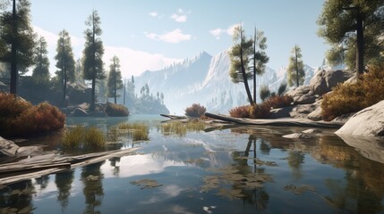 Beautiful landscape with mountain lake and reflection in water.Generative Ai