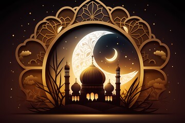 Ramadan kareem Mosque Islamic greetings,beautiful night and Moon design background and Illustration. AI Generated
