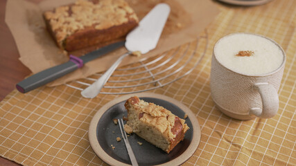 cake and sweet potato latte on the table