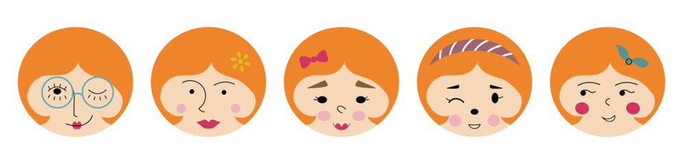 Feminine look, abstract personage, mascot design, funny face, cute icon.