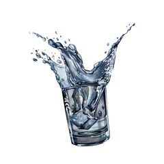 Glass of water with ice cubes, splash and drops isolated on white background. Watercolor hand drawing style illustration