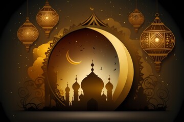 Ramadan kareem Mosque Islamic greetings,beautiful night and Moon design background and Illustration. AI Generated
