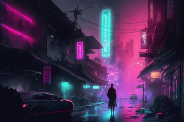 Lonely man on night neon futuristic cyberpunk city background. Cyber punk game concept illustration. Digital fantasy, virtual reality art. Technology and future fashion. Generative AI