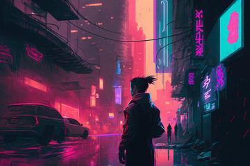 Man with long hair on night neon futuristic cyberpunk city background. Cyber punk game concept illustration. Digital fantasy, virtual reality art. Technology and future fashion. Generative AI