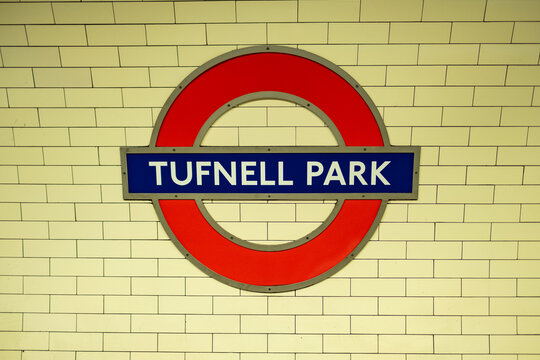 London- Tufnell Park Underground logo platform, Northern Line tube station in North London