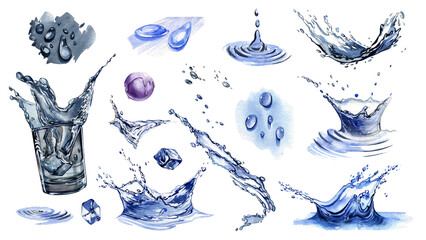 Set water splashing terxture with drops, ice and glass isolated on white background. Watercolor handrawing illustration - 586214326