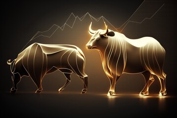 Gold chart business background with golden bull and bear, generative ai illustration