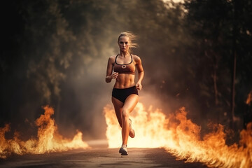 Fototapeta na wymiar Woman running sprinter on fire background, fitness and workout wellness concept