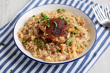 Homemade Paprika Chicken and Rice Bake on a Plate, side view.
