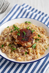 Homemade Paprika Chicken and Rice on a Plate, side view.