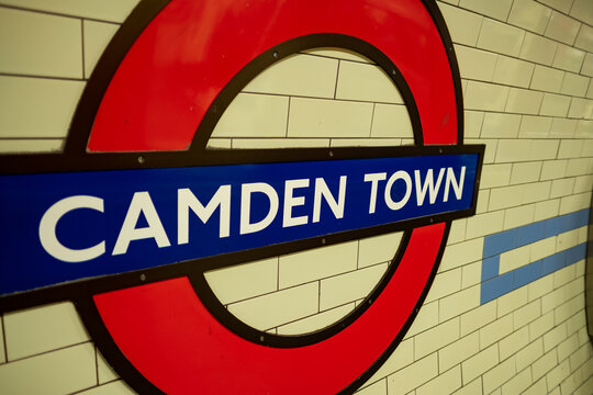 London- Camden Town Underground logo on platform, Northern Line tube station