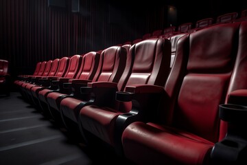 Fototapeta premium Empty comfortable red cinema seats. Theater Chairs. Generative AI
